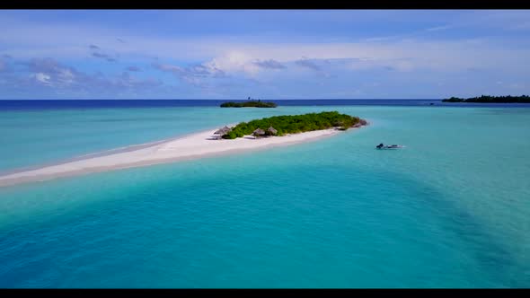 Aerial flying over panorama of relaxing coastline beach journey by clear ocean with white sandy back