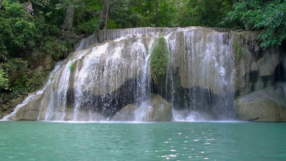 Erawan waterfall level two in National Park, Kanchanaburi, Thailand - Slow motion