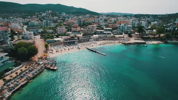 Aerial View Exotic Beach with Turquoise Water in Albania Ksamil Islands