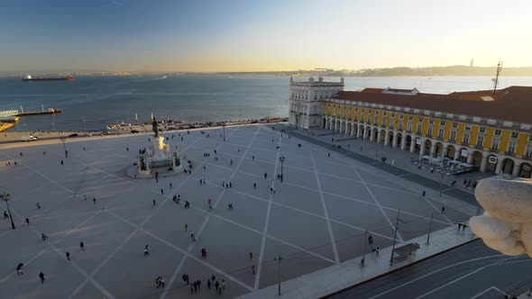 Commercial Square in Sunset Lights. Lisbon, Portugal. Panoramic Shot. View From the Observation Deck