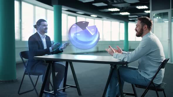 Metaverse the Financial Analyst and the Businessman Hologram Communicate and Discuss the Business