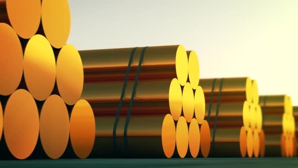 Loopable animation of cylindrical copper billets. Copper in its purest form.