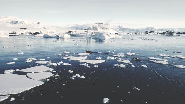 Zodiac Boats in Antarctica Ocean. Aerial Shot.