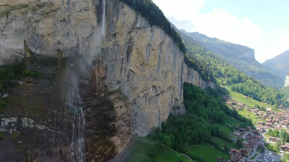 Aerial view of Staubbach waterfall (Staubbachfall) in Lauterbrunnen, Switzerland