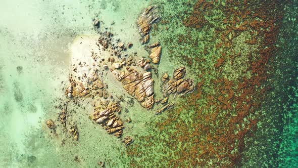 Aerial drone shot landscape of tranquil seashore beach holiday by blue green sea with white sand bac