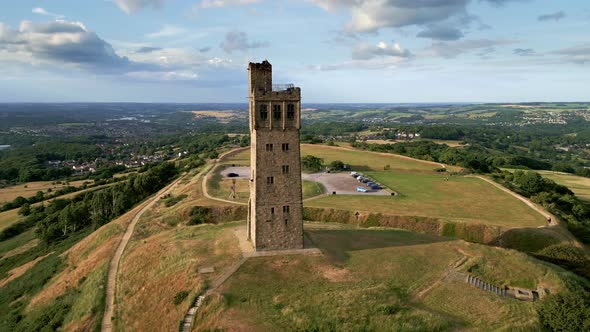 Drone ariel footage of Castle Hill in the Metropolitan Borough of Kirklees, West Yorkshire