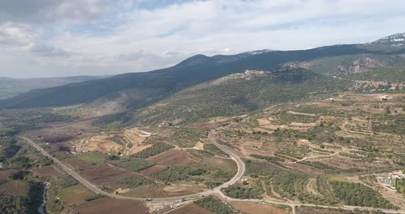 Aerial view of a valley among the mountain, Golan Heights, Israel.