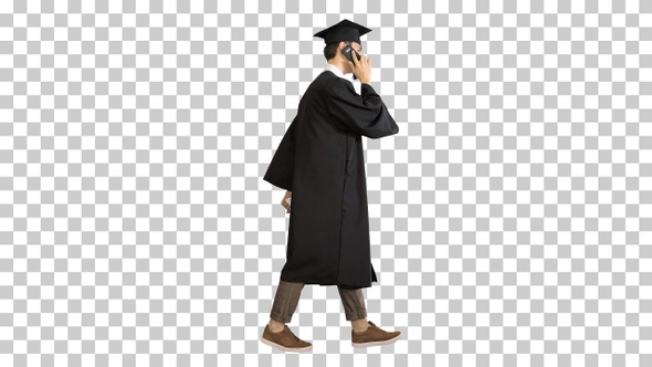 Graduating student starts walking and making a call, Alpha Channel