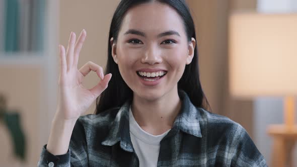 Female Portrait Happy Recommending Smiling Winner Asian Woman Girl Showing Ok Gesture Everything