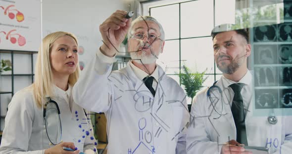 Mature Bearded Main Doctor Writing Chemical Formula on Wall