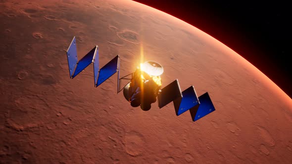 Satellite floating on the orbit of Mars. Exploring the surface of the red planet