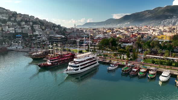 Yachts in the port aerial view 4 K Alanya Turkey