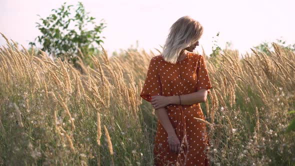 Portrait of a Young Attractive Blonde Woman in a Field with Spikelets at Sunset