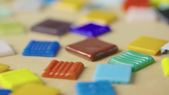 Detailed Macro Shot of Colorful Pieces of Glass or Ceramics for Creating Mosaic
