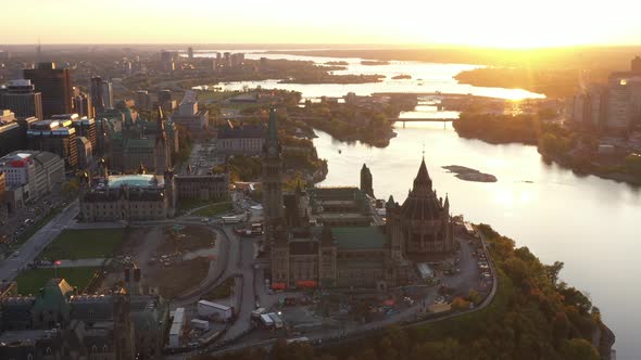 Canadian Parliament Aerial Dusk Golden Hour