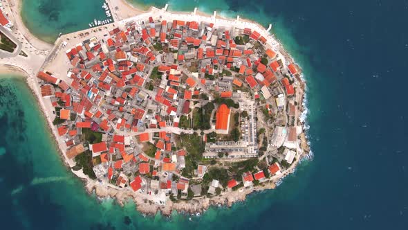 Aerial drone view of Primosten old town on the islet, Dalmatia, Croatia. Primosten, Sibenik Knin Cou