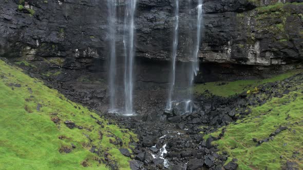 Aerial of a Delightful Fossa Waterfall in Faroe Islands