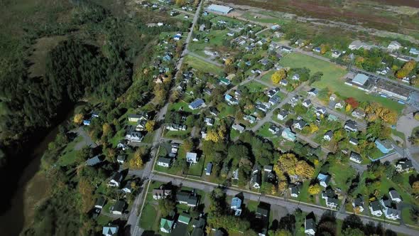 Overhead aerial shot of small village near Parrsboro, Nova Scotia, Canada