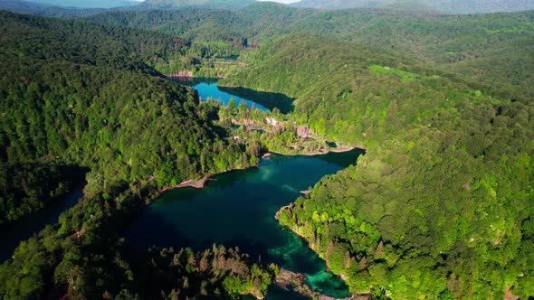 Aerial View of Plitvice Lakes National Park, Croatia. Serene Landscape on Sunny Summer Day