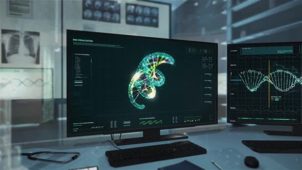 Futuristic Clinic Monitor Displays Scientific Molecular Analysis Results alt