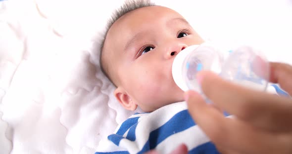 Mother Gives To Drink Water Baby From Bottle