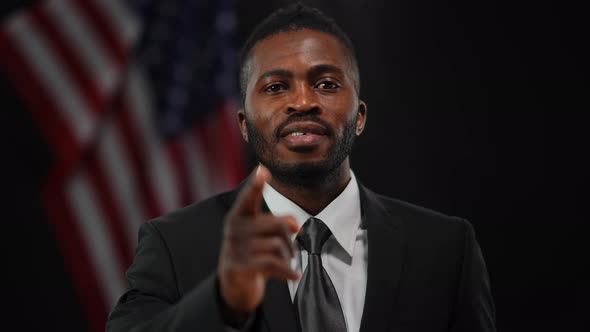 Confident African American Male Political Candidate Speaking Pointing Looking at Camera