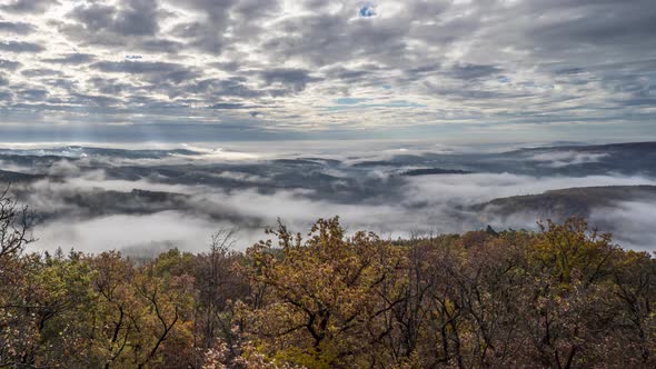 Time lapse of morning fog over the forest in autumn