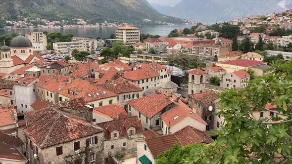 Beautiful shot panning over the historic medieval town of Kotor in Montenegro