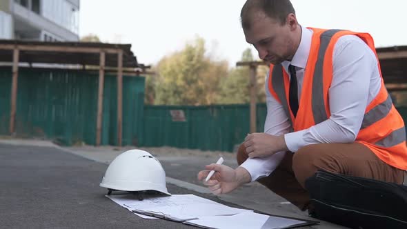 A civil engineer at a construction site examines construction drawings.
