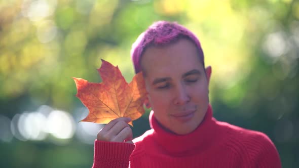 Happy and Inspired Young Homosexual Man Is Enjoying Good Weather at Autumn Day, Portrait in Park