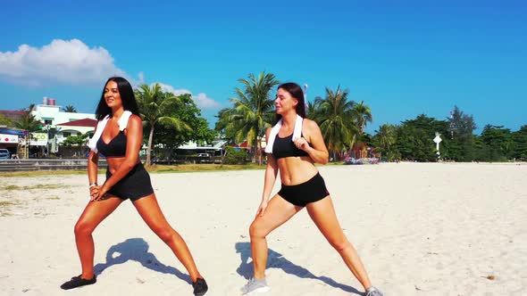 Girls best friends on tranquil sea view beach wildlife by blue water with clean sandy background of 