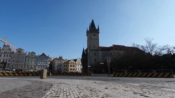 Prague Orloj, Astronomical Clock Tower in Old Town. Czech Republic. Low Angle View From Empty Paved