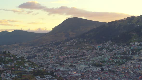 Quito City Sunset Travelling Aerial View. Ecuador