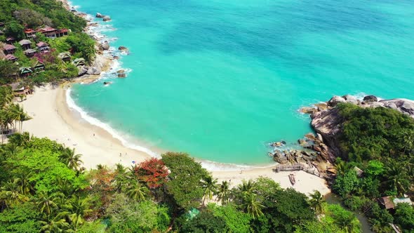 Aerial nature of paradise lagoon beach lifestyle by blue water with white sandy background of advent