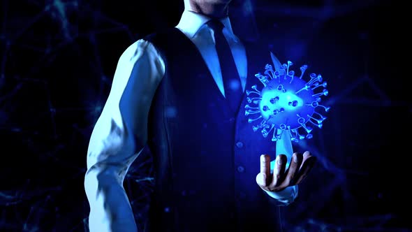 Businessman Holds Coronavirus Particle In Left Hand With Plexus Network Connection Lines