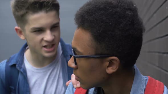 Cruel Caucasian Teenager Threatening and Slapping Black Guy on School Yard, Rude