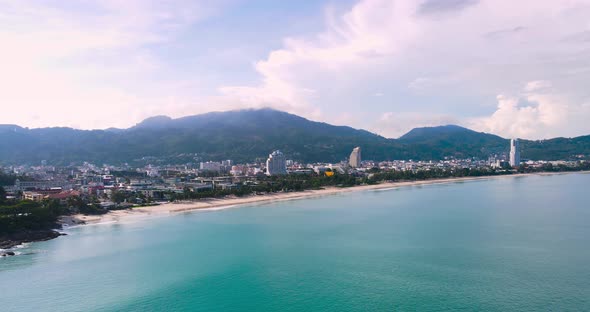 Aerial panoramic view landscape and cityscape view of Patong beach Phuket Thailand.