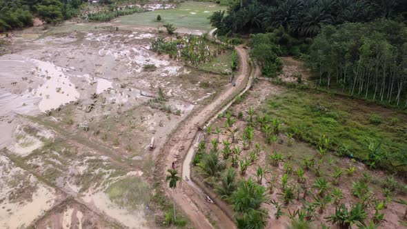 Aerial view after flood disaster at the plantation