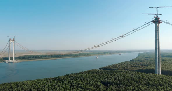 View Of Romania's Braila Bridge Under Construction Viaduct Over Danube River