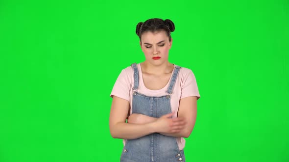 Cute Female Feels Bad, Her Stomach Hurts, Feeling Nausea on Green Screen at Studio