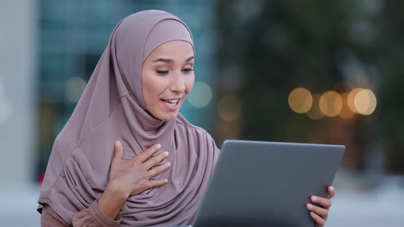 Muslim Young Woman Islamic Girl Student Businesswoman Lady Wearing Hijab Sitting Outdoors Making
