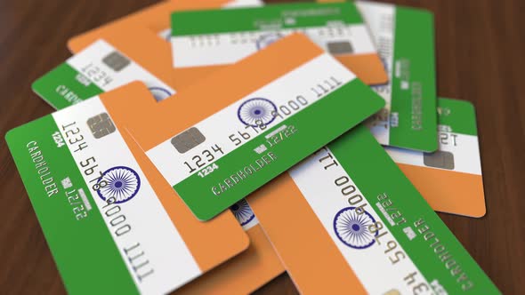 Pile of Credit Cards with Flag of India alt