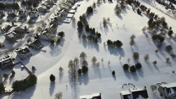 Aerial View of Landscape Top of the Winter Town Residential Houses with Snow Covered Houses and
