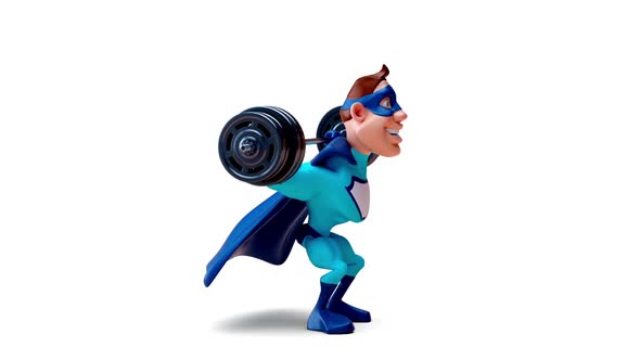 Fun 3D cartoon superhero doing squats alt