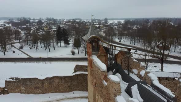 Ruins of Ancient Livonian Order's Stone Medieval Castle Latvia Aerial Drone Top Shot From Above . Re