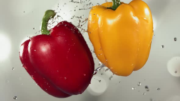 Flying Colored Red and Yellow Peppers Collision in the Air in Slow Motion