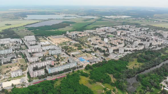 Aerial Panorama of Dwelling Blocks of Multistory Buildings Near Nature and River