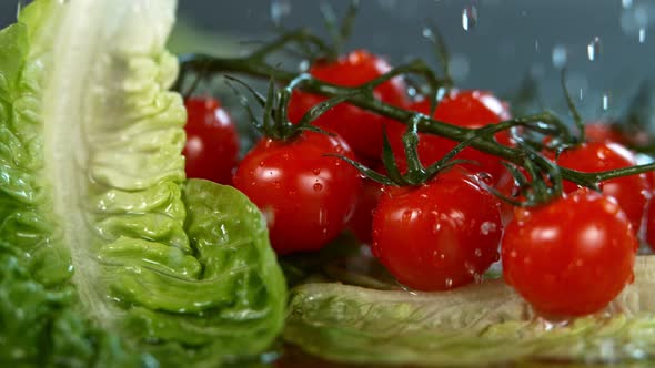 Water Falling to Fresh Tomatoes and Lettuce in Super Slow Motion