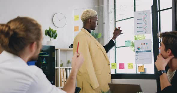 Businessman Doing Presentation on on Transparent Glass Wall Board Using Marker, Analyzing Project