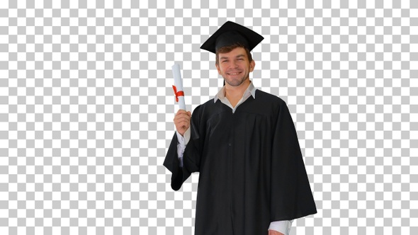 Happy male student in graduation robe, Alpha Channel